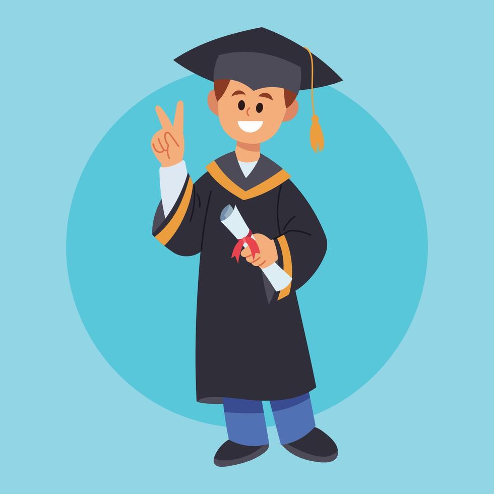 A happy graduate proudly displays their diploma and a peace sign vector