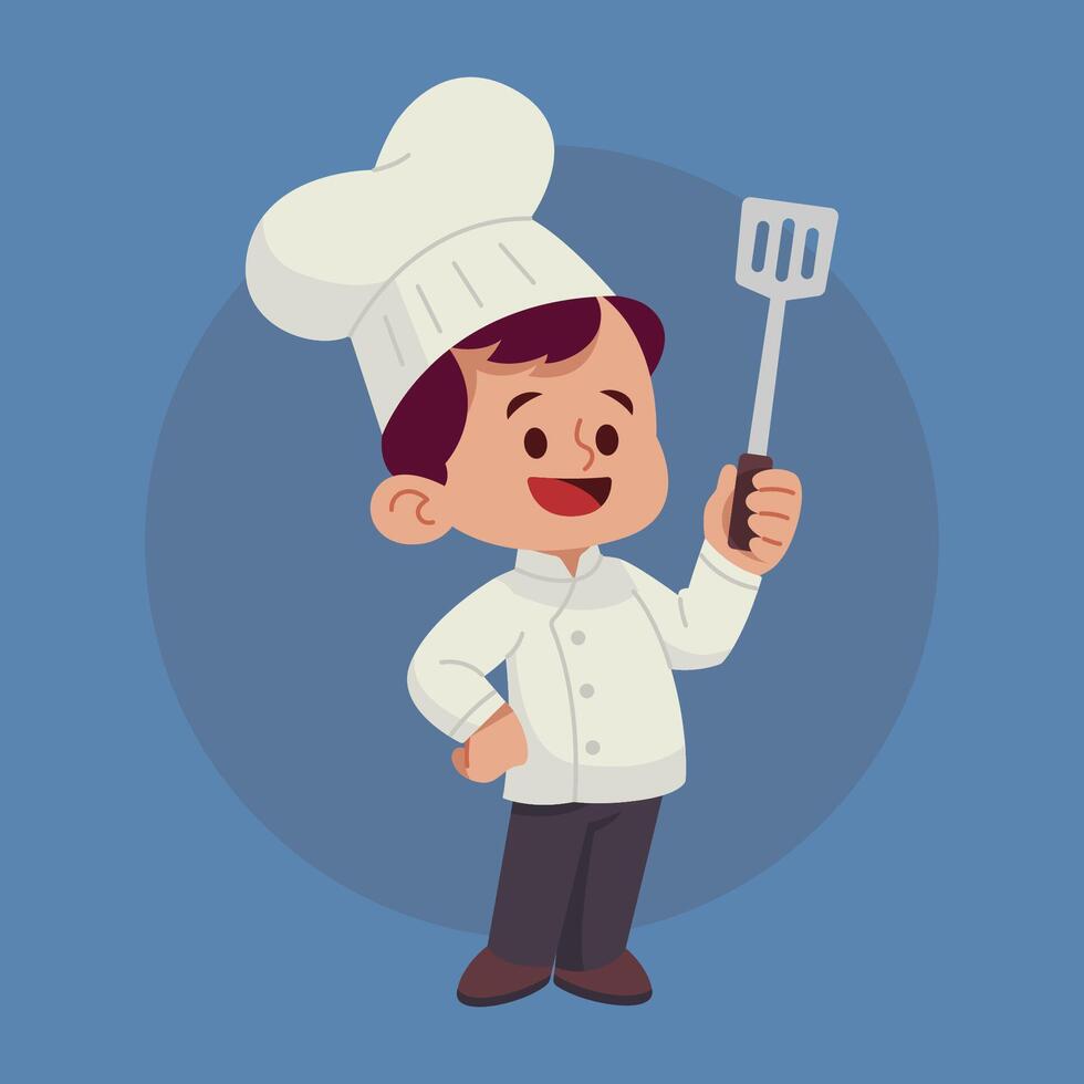 A happy young chef proudly displays his spatula vector