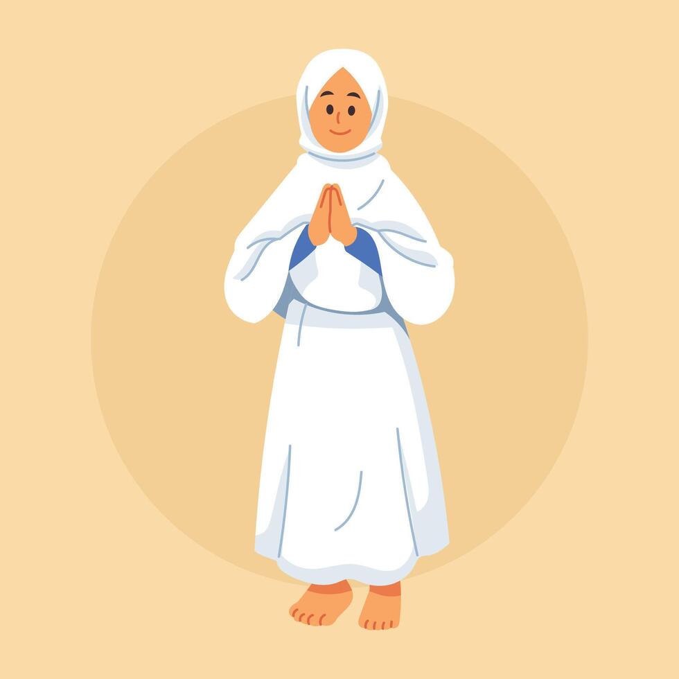 A woman in a white hijab stands with her hands clasped in prayer vector