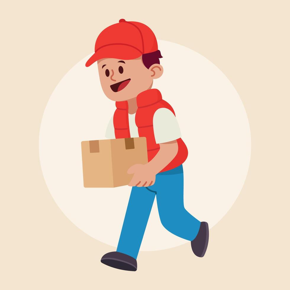 A cheerful delivery person rushes to deliver a package vector