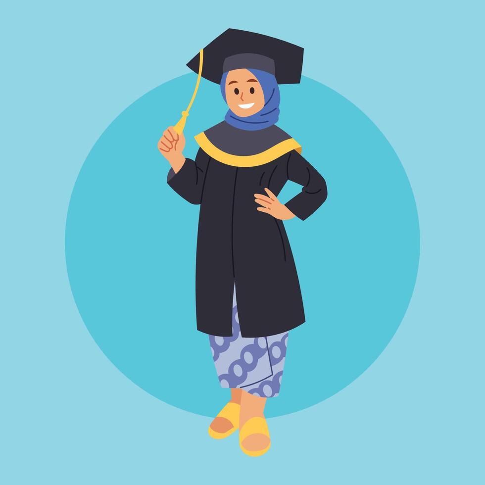 A proud graduate in hijab holds her tassel high vector