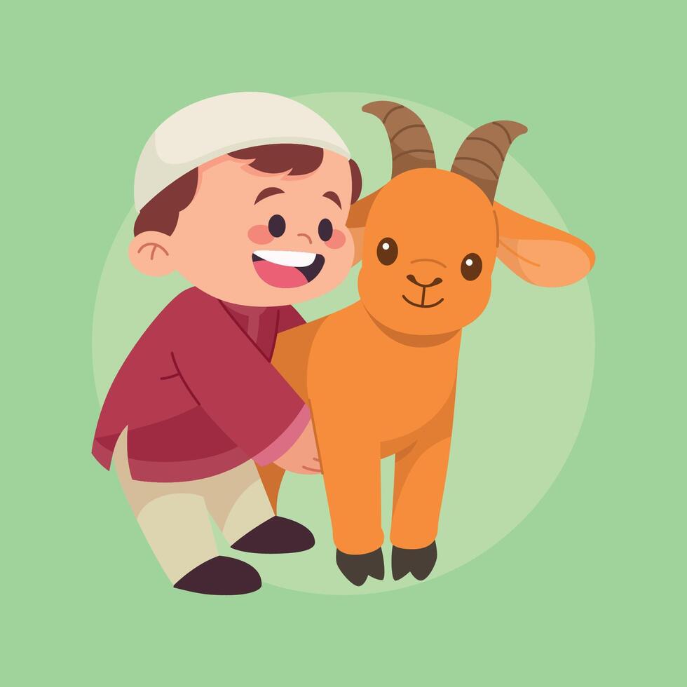A young boy in traditional clothing lovingly embraces a small goat vector