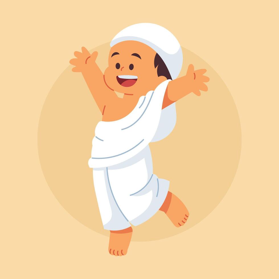 A joyful child in Ihram clothing celebrates with open arms vector