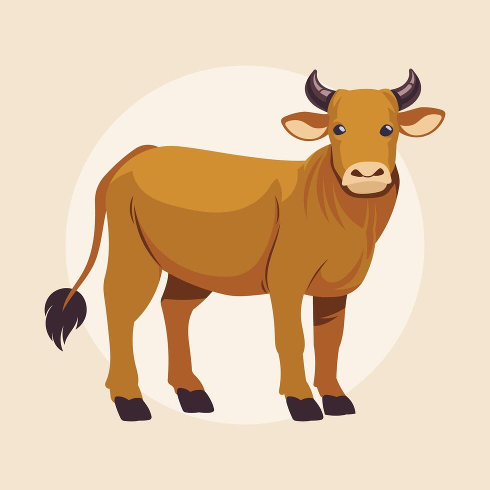 A brown cow stands serenely its horns slightly curved vector
