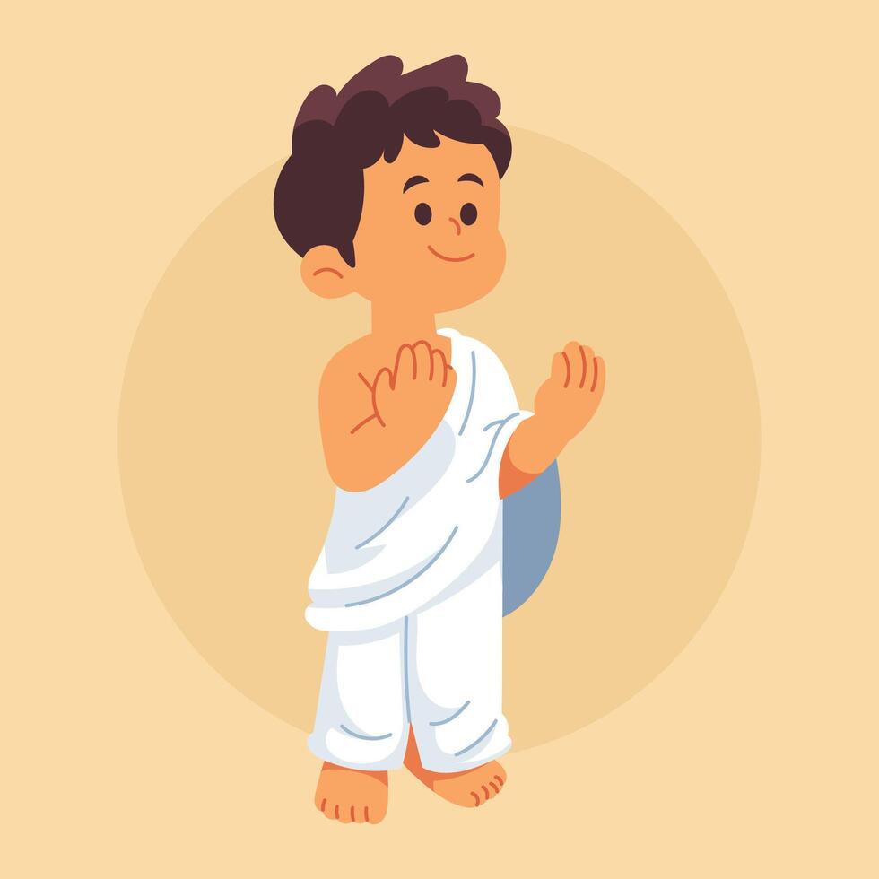 A young boy dressed in Ihram stands in prayer vector
