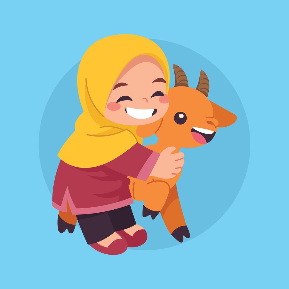 A young girl in a hijab happily hugs a small goat vector