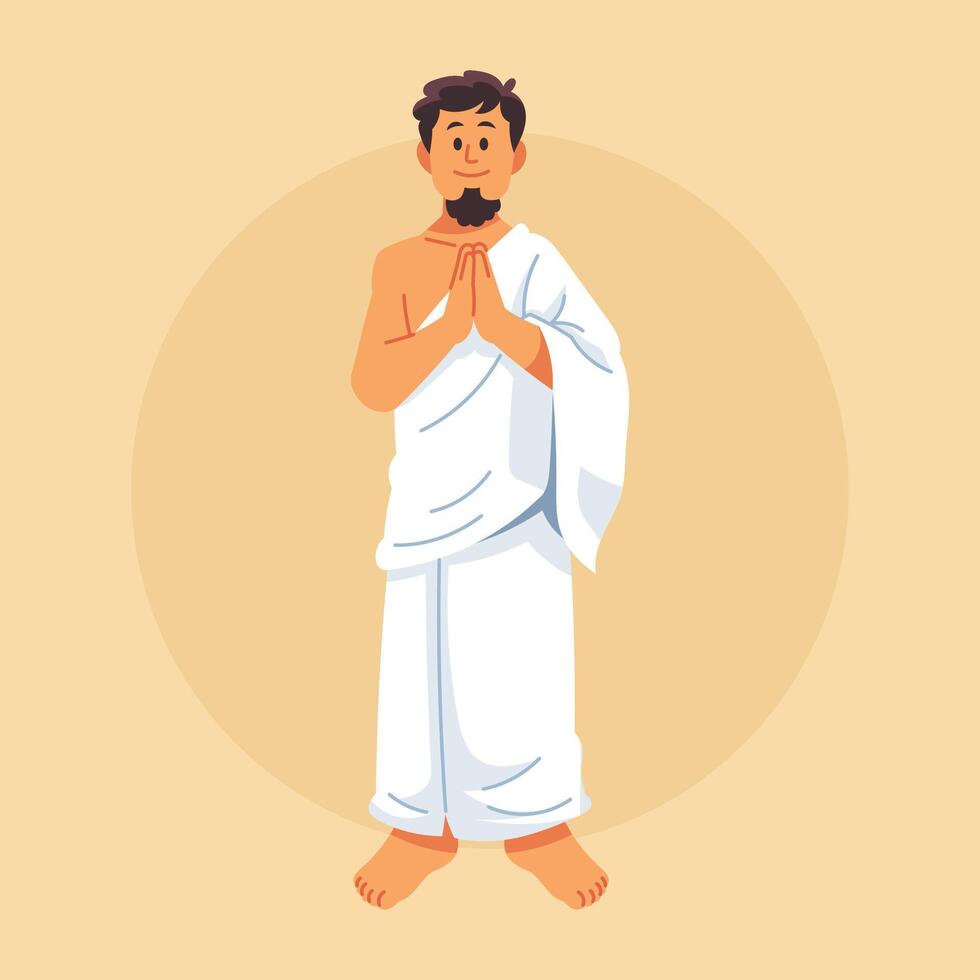 A man in Ihram standing with hands pressed together in prayer vector