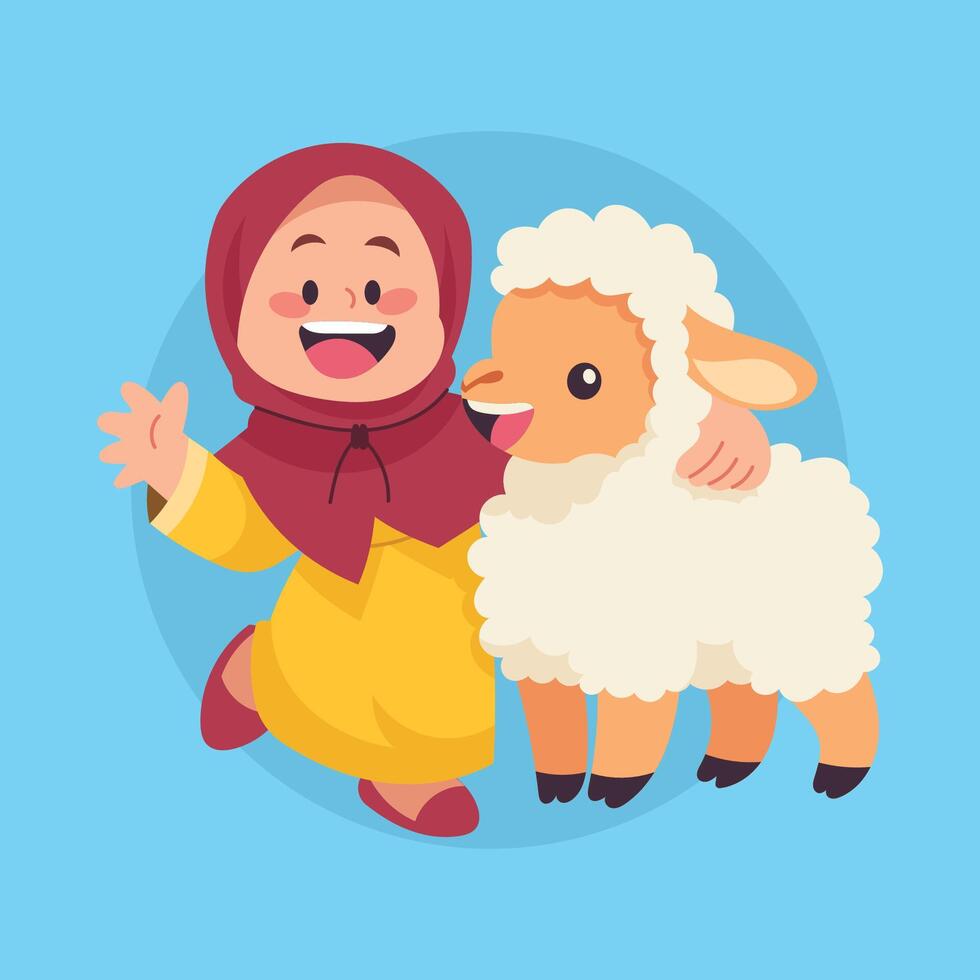A happy young girl in a hijab hugs a fluffy lamb vector