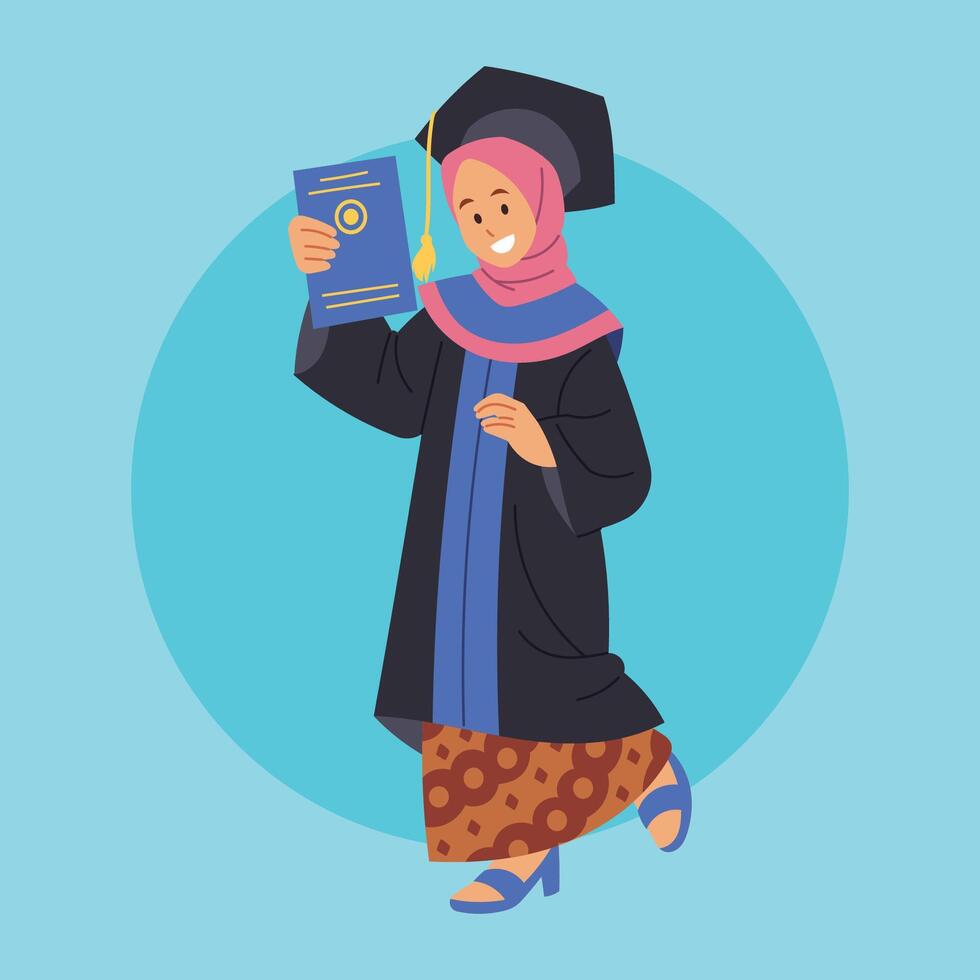 A jubilant graduate in a hijab proudly displays her diploma vector