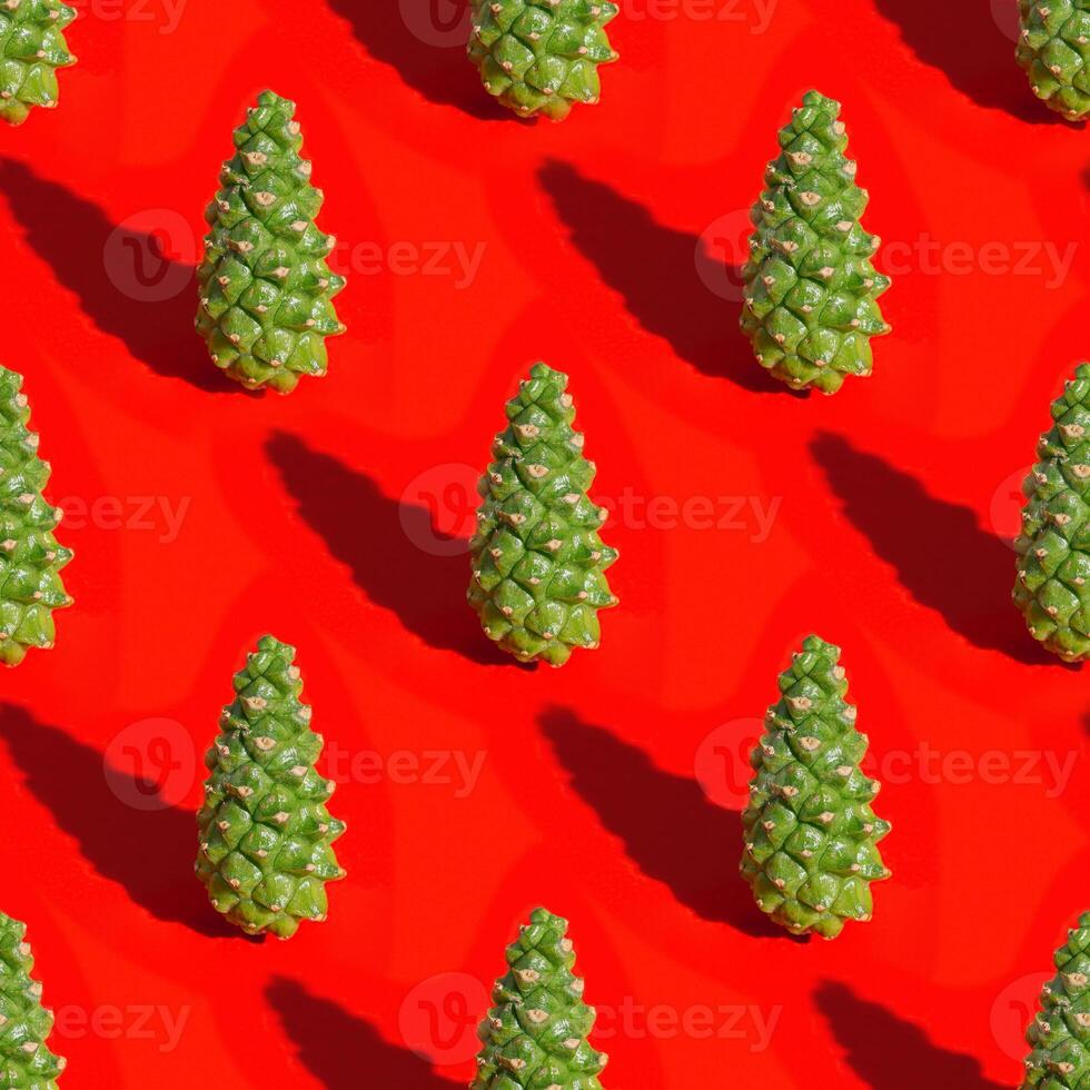 Christmas layout with natural green pine cone on red background. New Year holiday seamless pattern photo