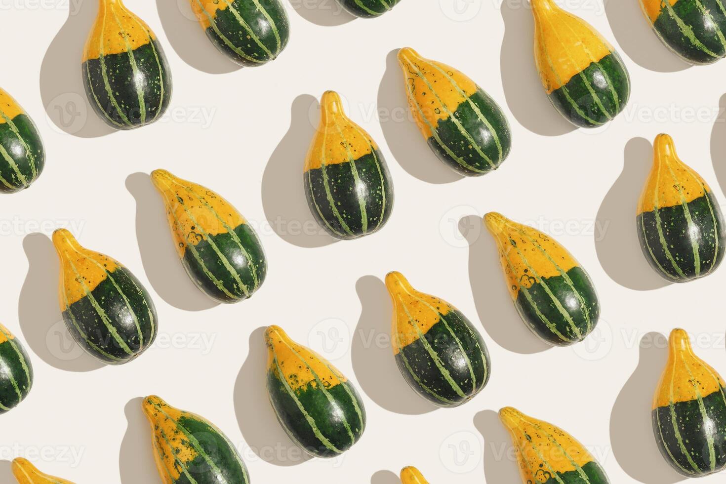 Decorative ornamental pumpkins on light beige, geometric linear pattern, sunlight shadow. Creative still life, autumn fall season holiday, vivid color. Top view yellow green striped Mini squashes photo