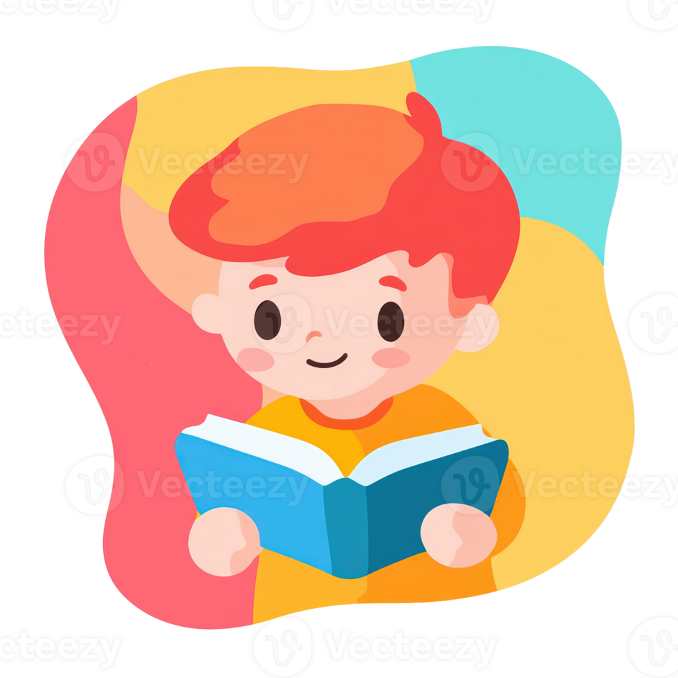 A boy reading a book with a colorful background png
