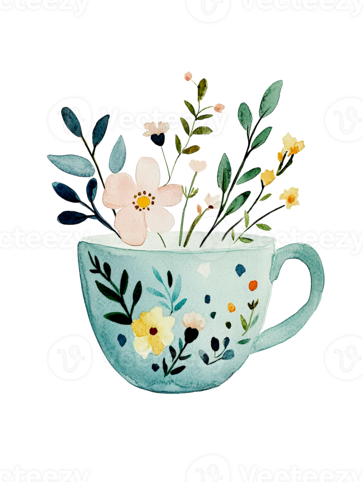 Watercolor Illustration of Floral Arrangement in Teal Teacup png