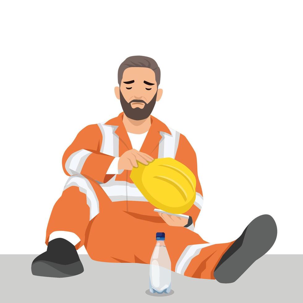 Exhausted Worker Taking a Break, tired construction worker in safety uniform sits on the ground. vector