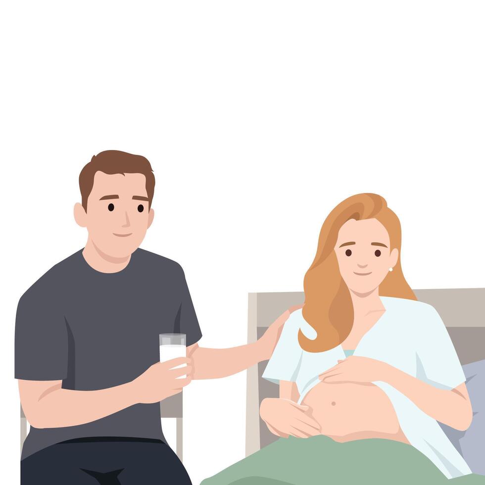 Supportive man offers a glass of milk to a pregnant woman resting in bed. vector