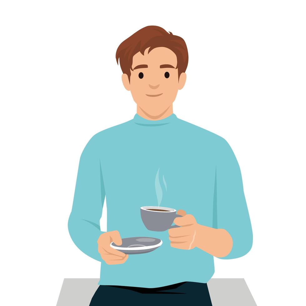 Calm and relaxed man in a blue shirt holding a steaming cup of coffee and saucer. vector