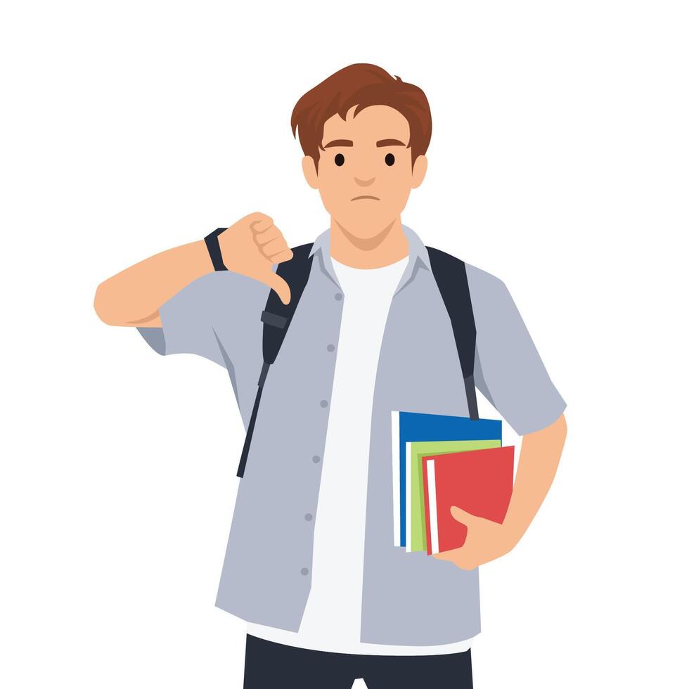 Unhappy Student Giving Thumbs Down. Expressing dissatisfaction with school or exams. vector