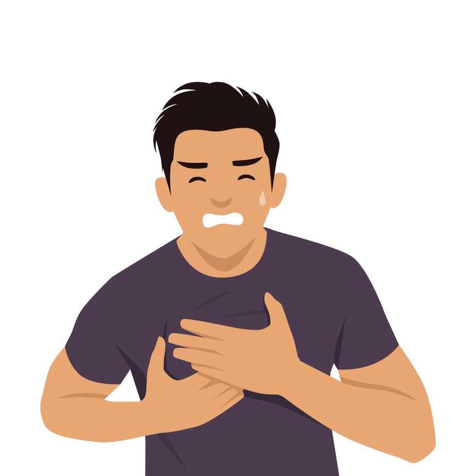 Man clutching his chest in distress, possibly indicating chest pain or a heart related issue. vector