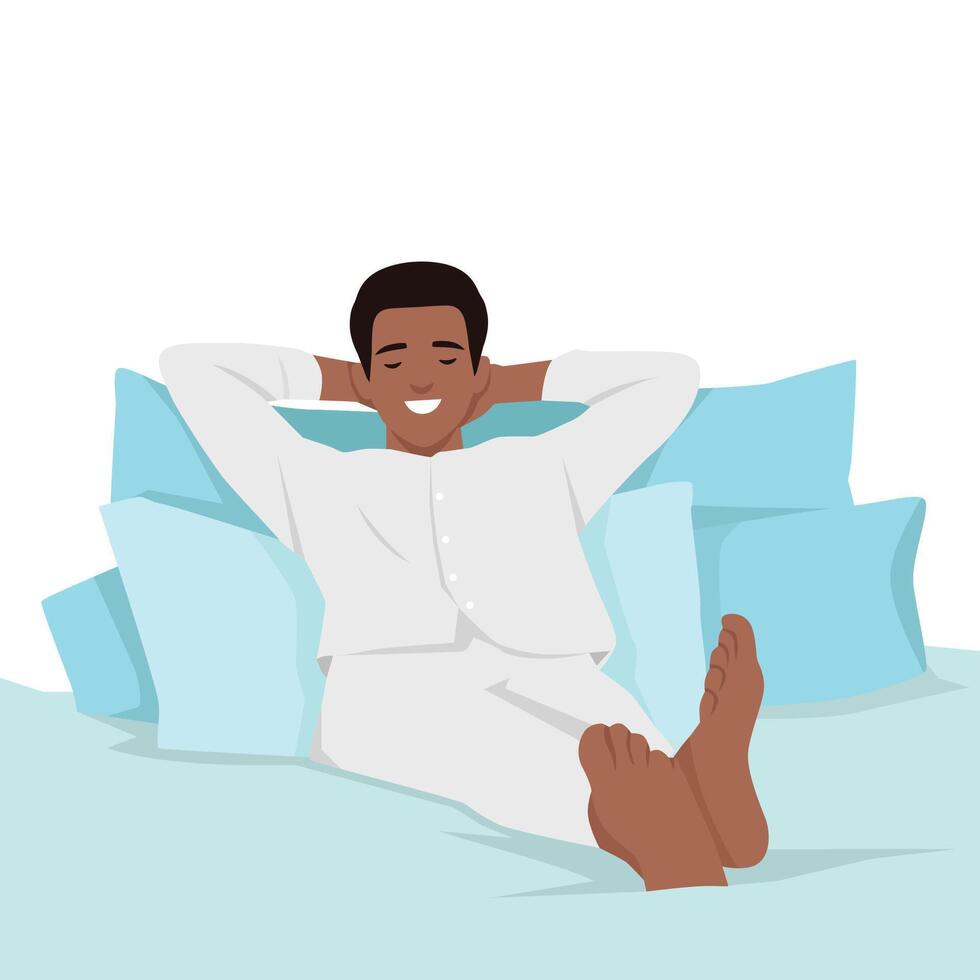 Relaxed man in pajamas lies back on a bed surrounded by pillows, enjoying a moment of calm. vector