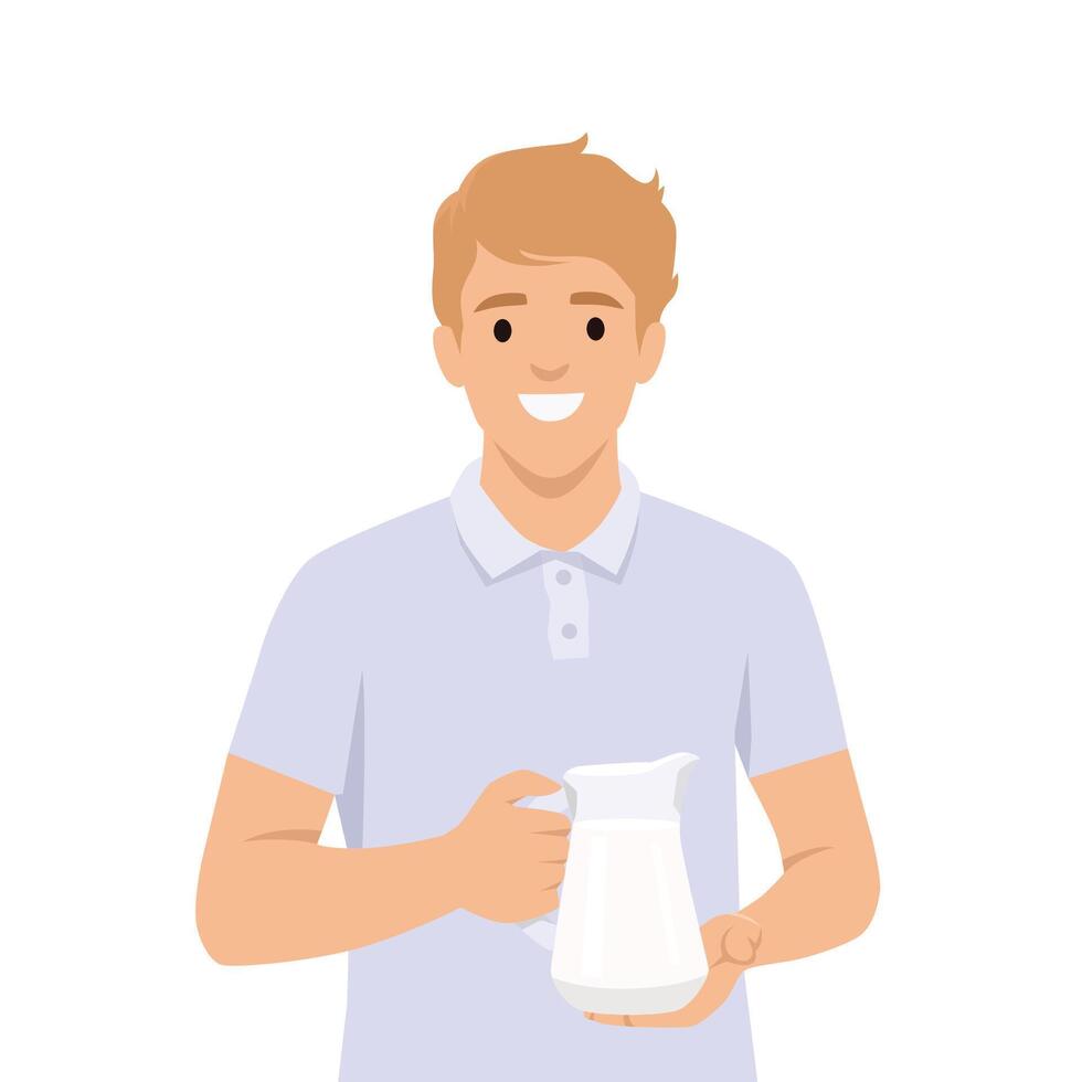 Smiling Man Holding a Jug of Milk. vector