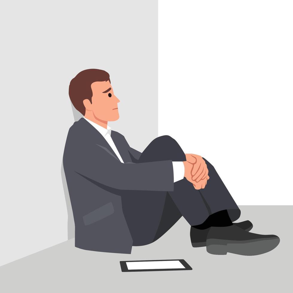 Stressed Businessman in Isolation. Worried businessman in a suit sits alone in a corner. vector