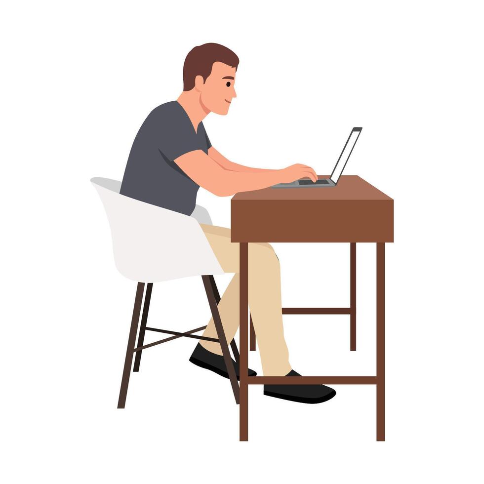 Man in a dark shirt and beige pants sits at a desk, concentrating on his laptop as he types. vector