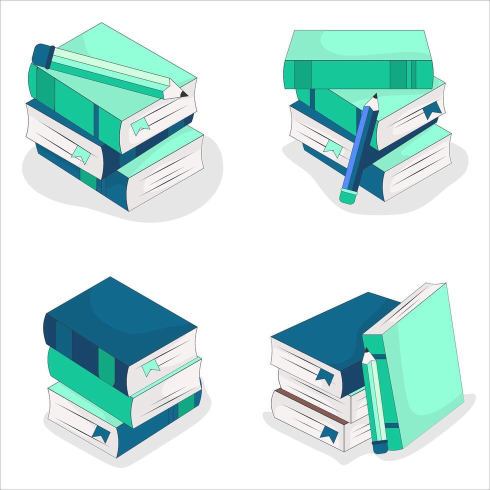 Stacked Books and Pencil Flat Icon Set vector