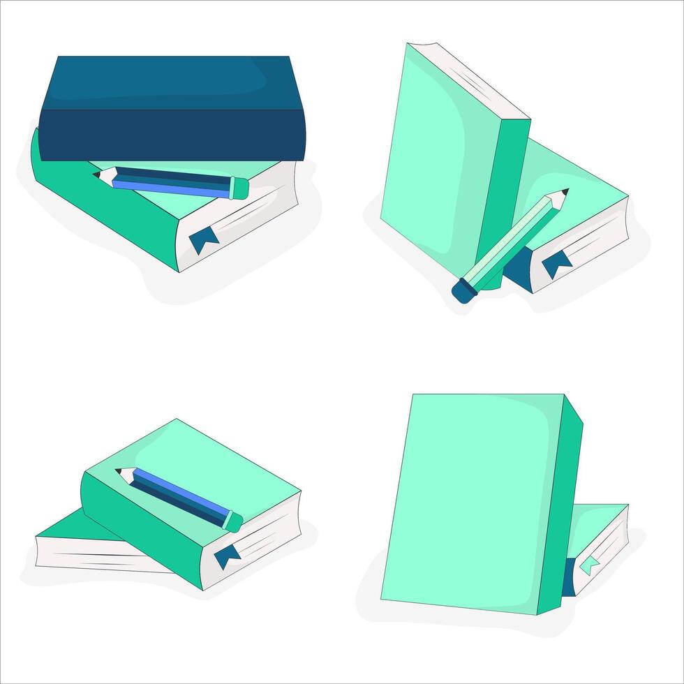 A set of four minimalist flat style illustrations featuring various arrangements of turquoise and navy books paired with pencils. vector
