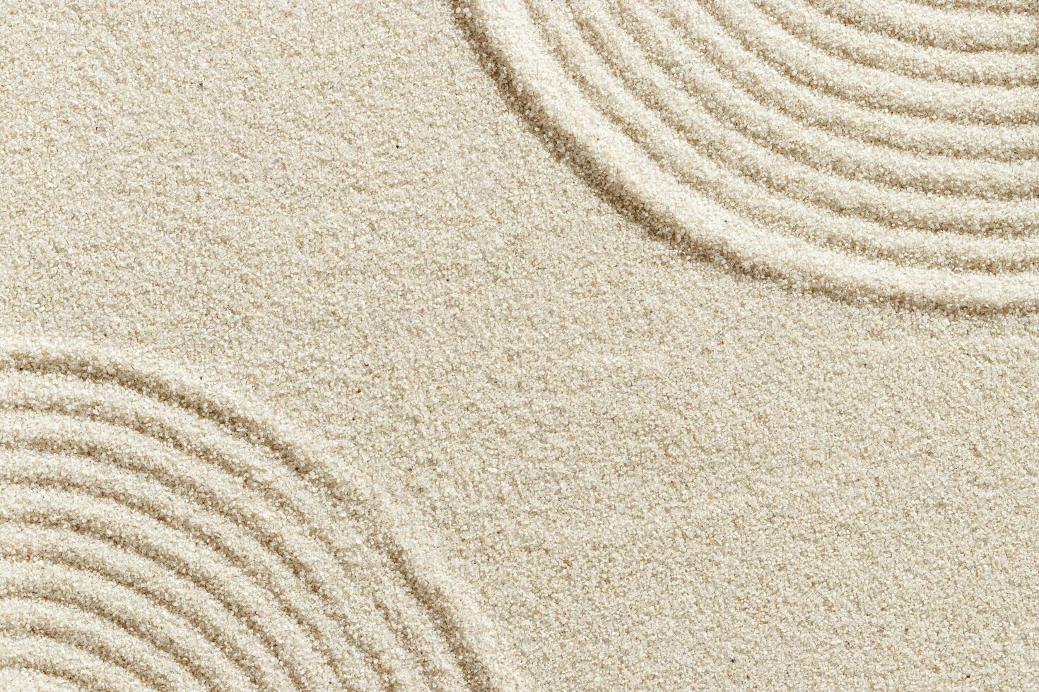 Top view pattern in Japanese Zen Garden with close up concentric circles on sand for meditation and relaxation. Aesthetic minimal sandy background with copy space, beige monochrome neutral color photo