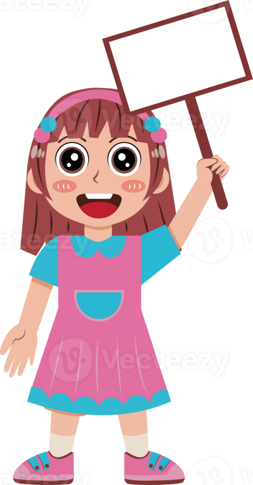 Cartoon Girl Illustration Holding Tilted Blank Sign in One Hand png