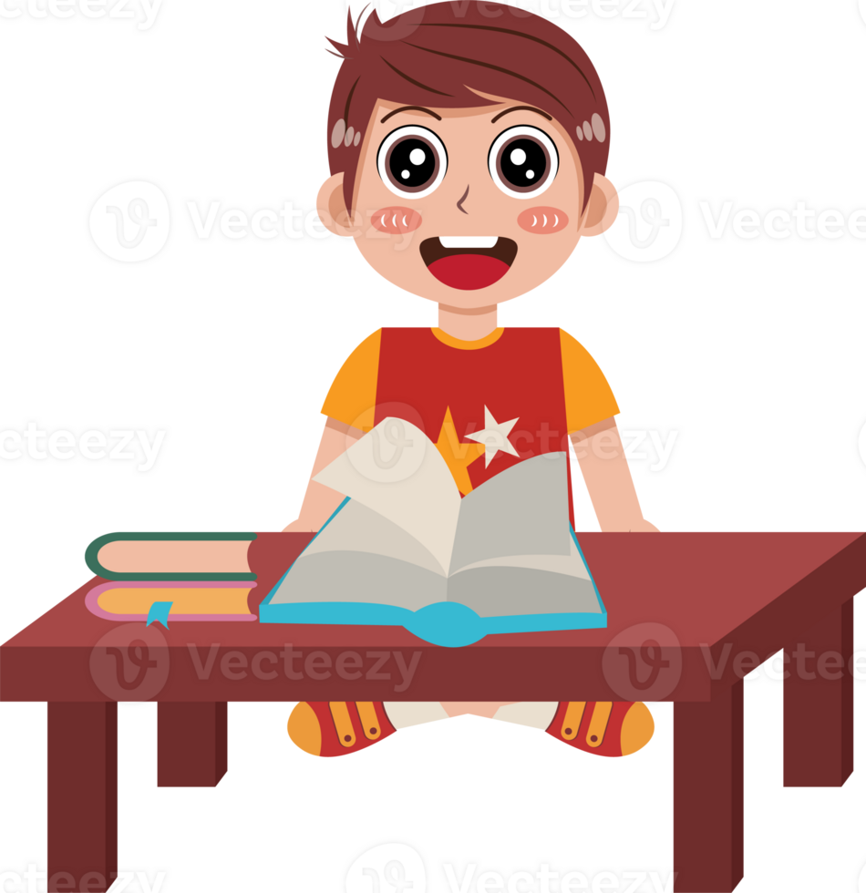 Illustration of a Boy Reading a Book on The Table png
