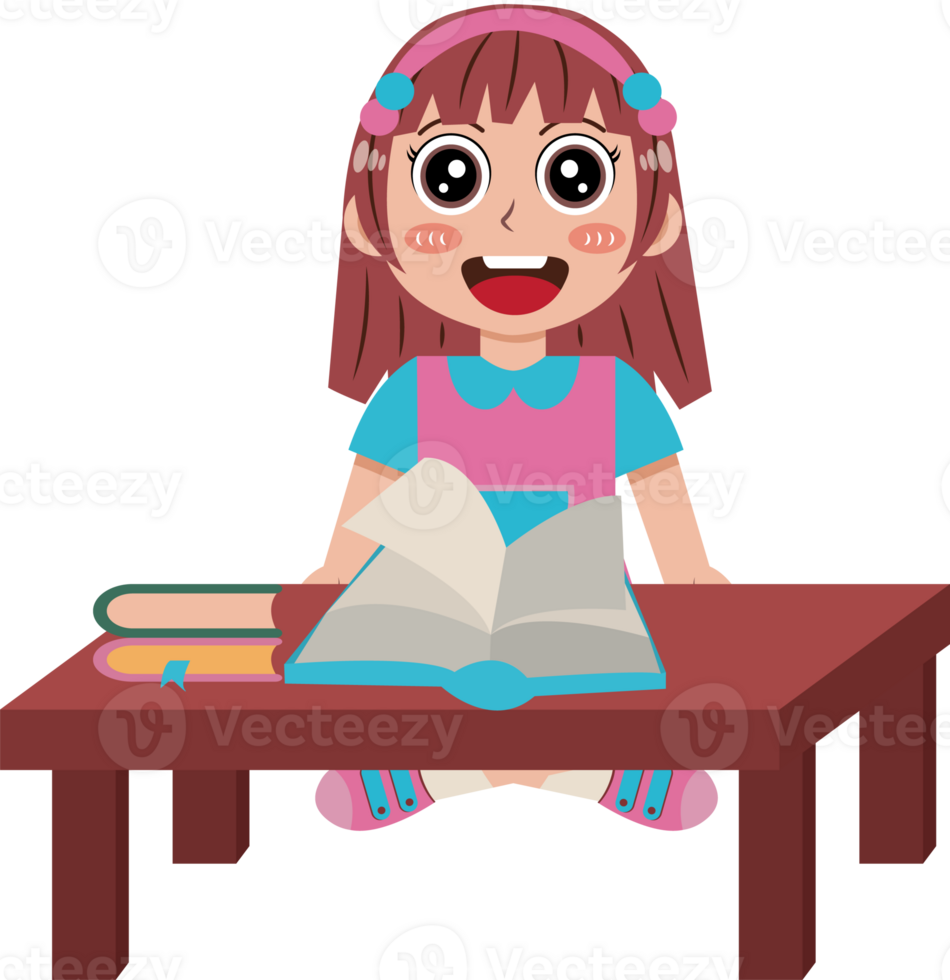 Illustration of a Girl Reading a Book on The Table png