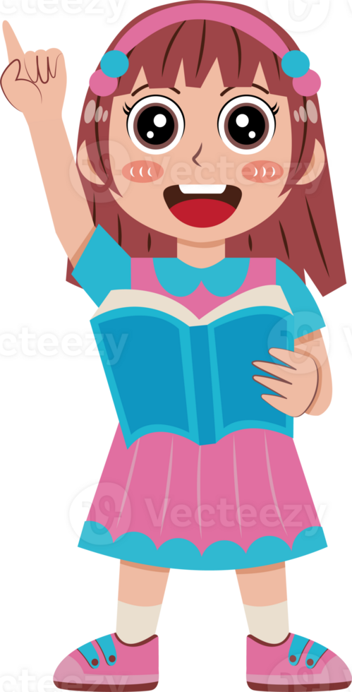 Illustration of Girl Raising Hand While Holding Book png