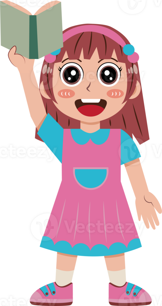 Cartoon Illustration of a Girl Holding a Book png