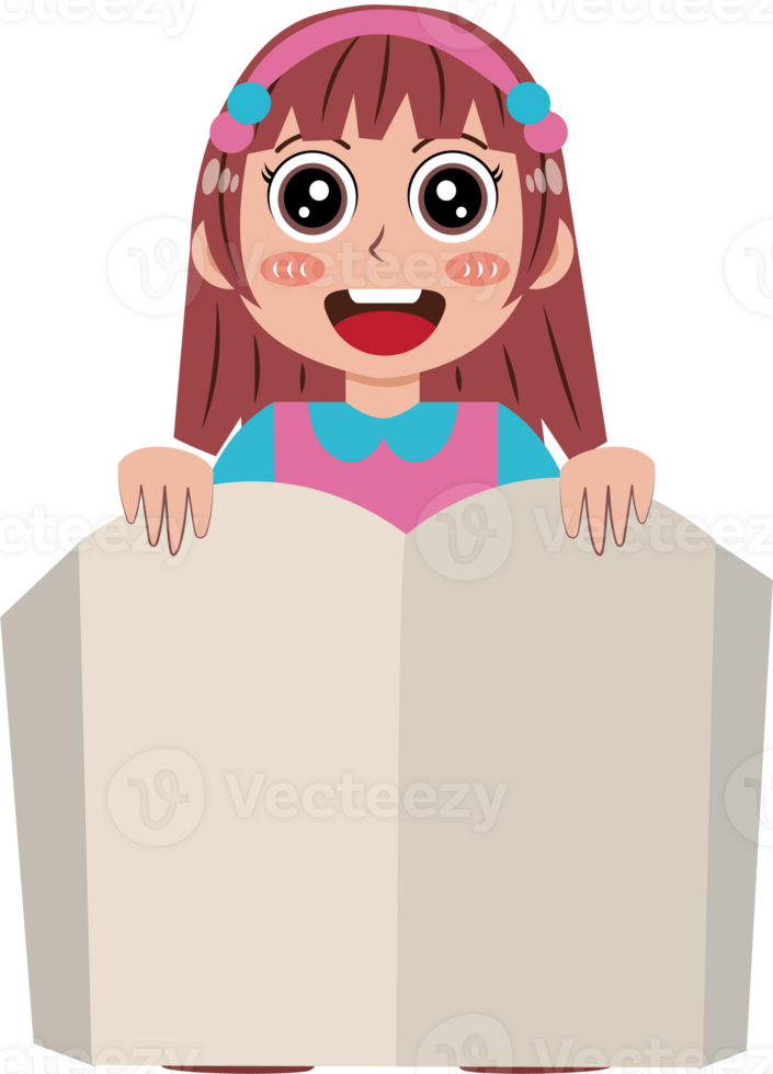 Cartoon of Smiling Girl Holding Open Book png