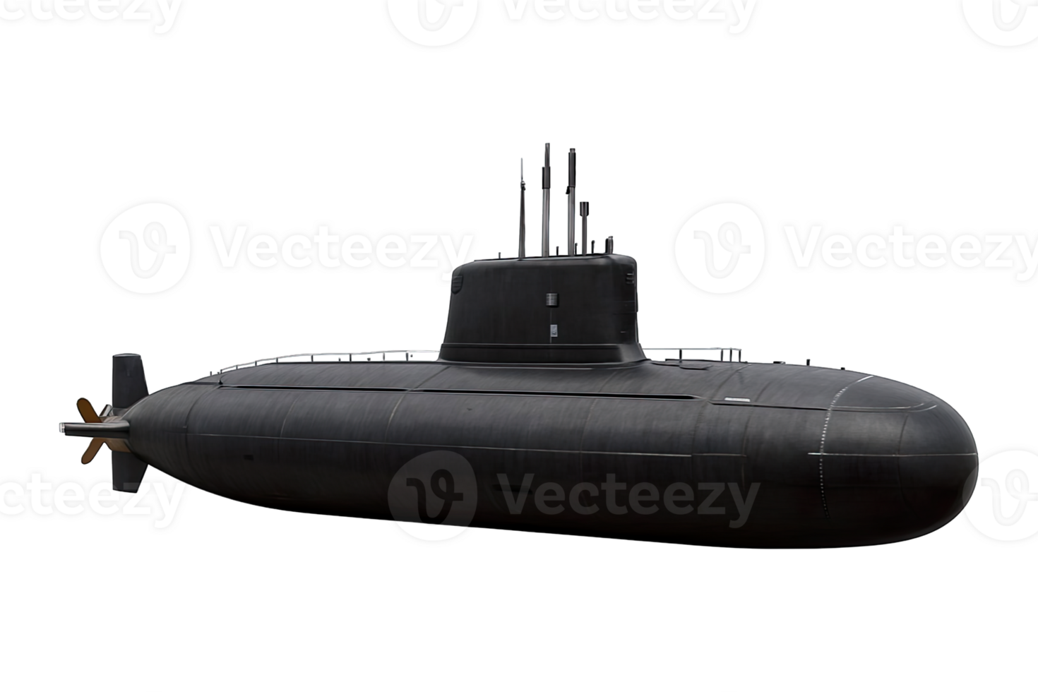 Black military submarine side view, isolated on transparent background, png