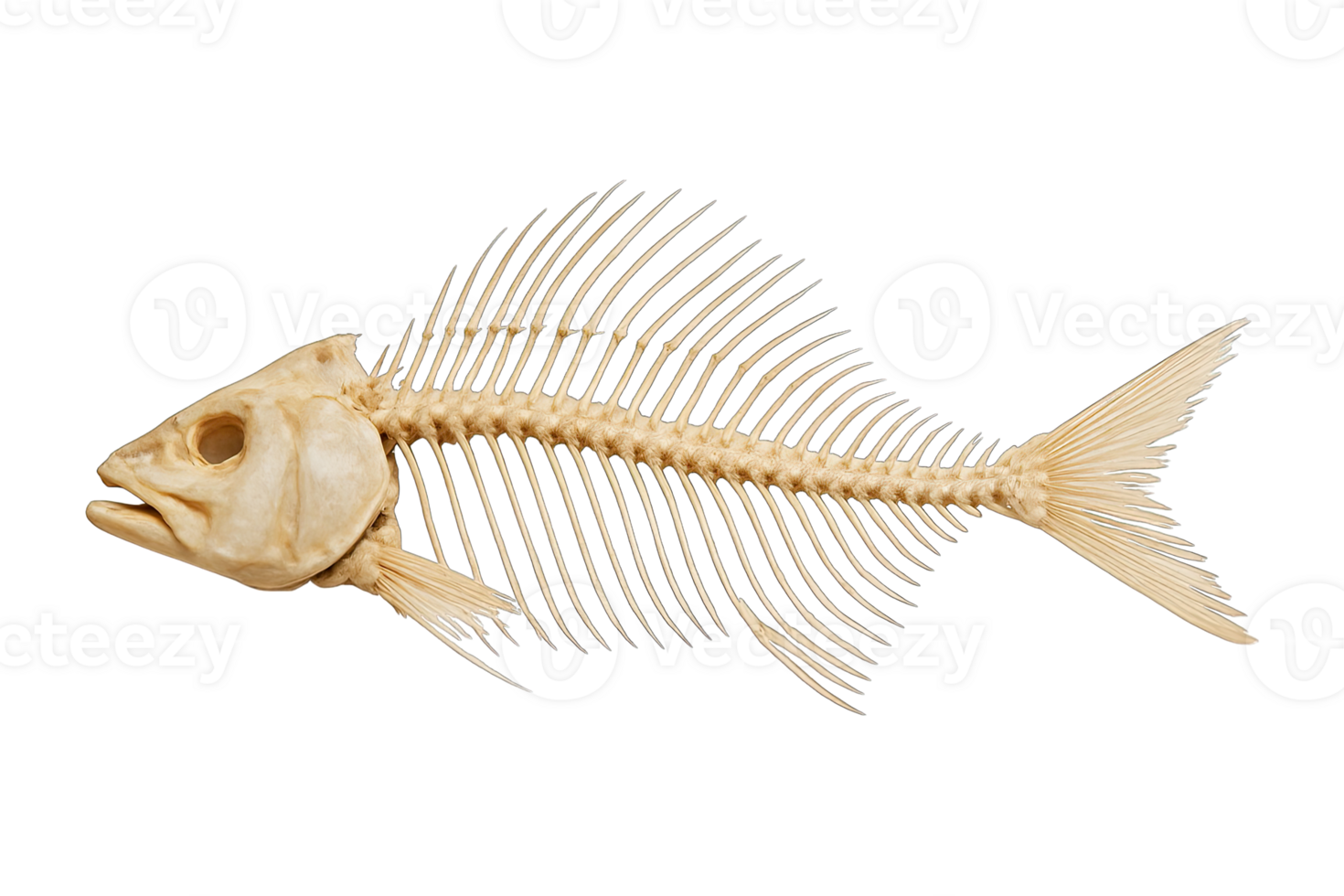 Fish skeleton side view with detailed bones, isolated on transparent background, png