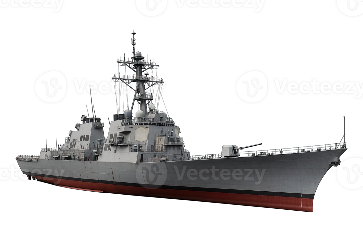 Modern navy warship with radar and weapon system, isolated on transparent background, png