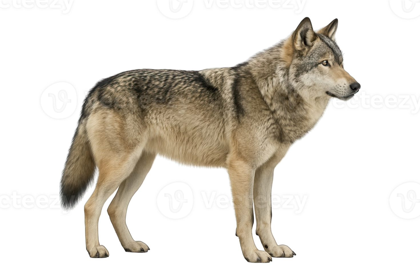 Side view of gray wolf standing alert, isolated on transparent background, png