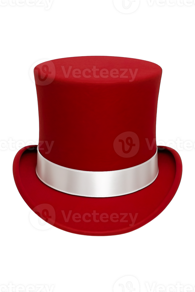 Red top hat with silver ribbon front view, isolated on transparent background, png