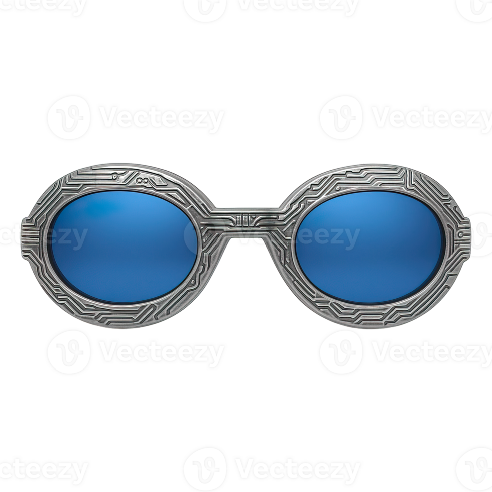 Futuristic round sunglasses with blue lenses and circuit frame, isolated on transparent background, png