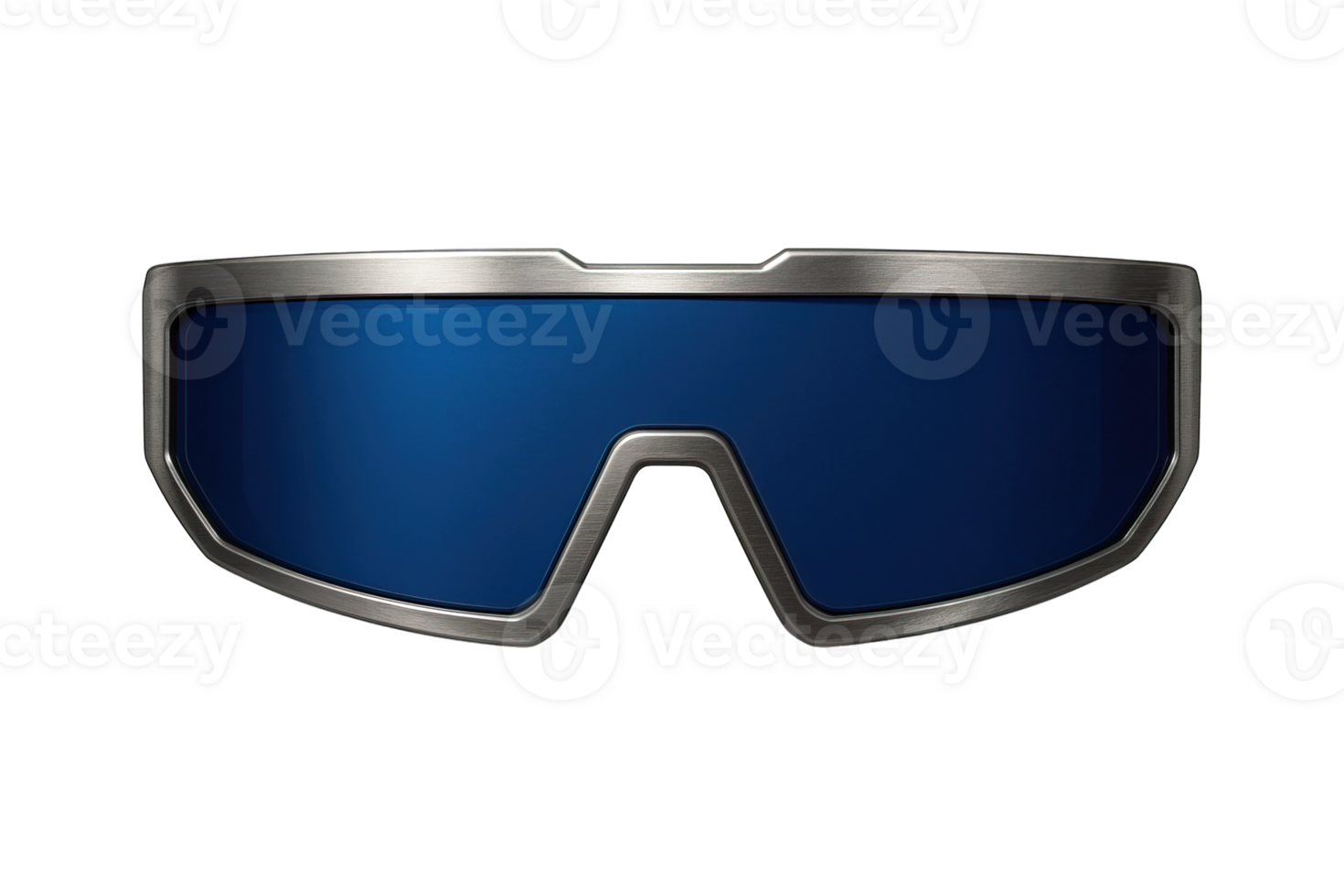 Futuristic blue visor sunglasses with metallic frame front view, isolated on transparent background, png