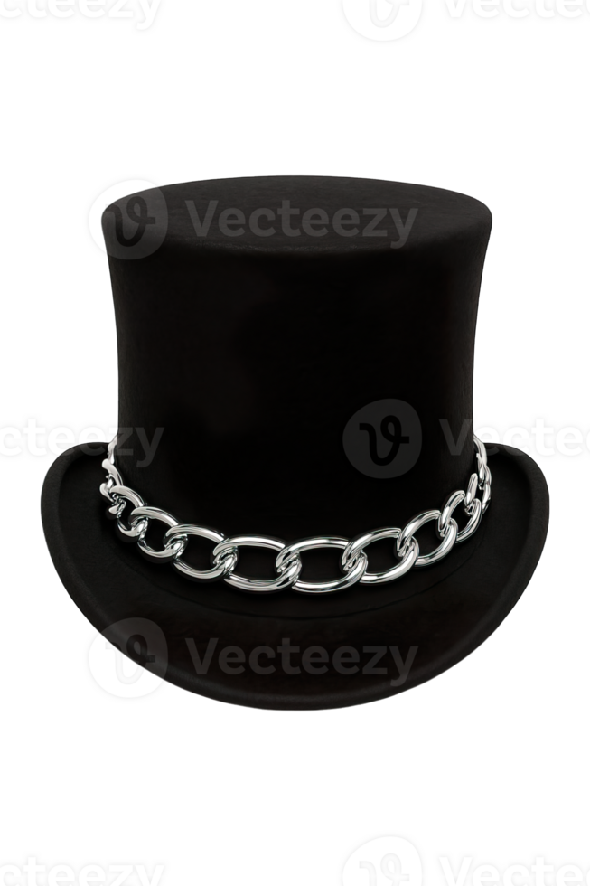 Black top hat with silver chain front view, isolated on transparent background, png