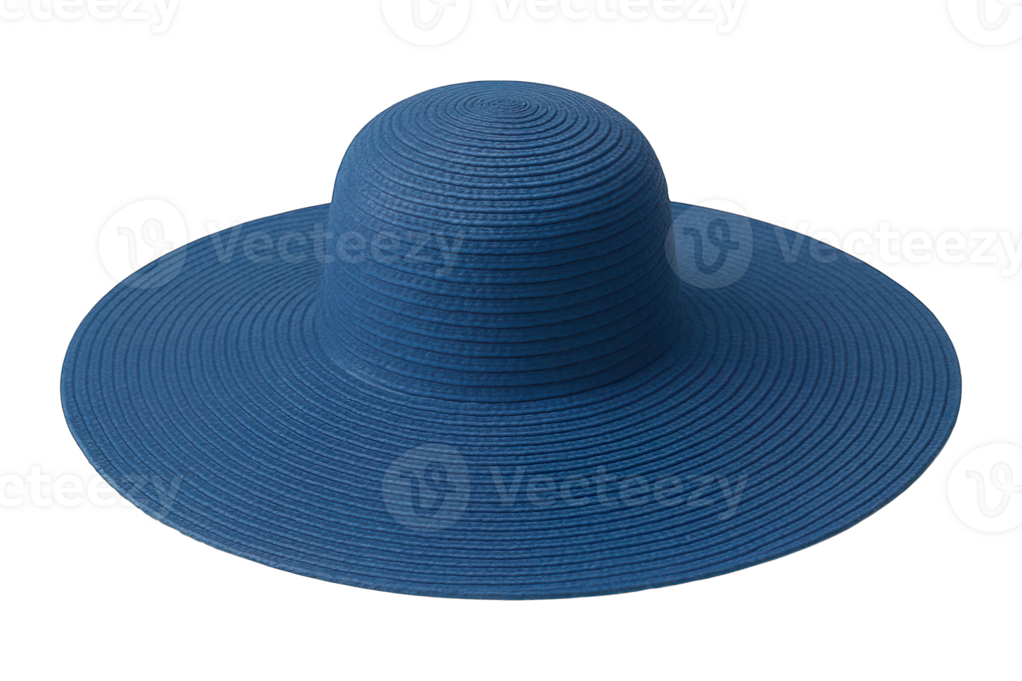 Blue wide brim summer hat top view with spiral texture, isolated on transparent background, png
