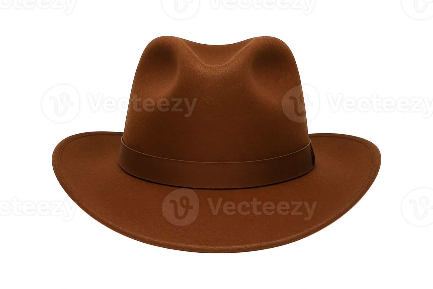 Brown fedora hat front view with soft felt texture, isolated on transparent background, png