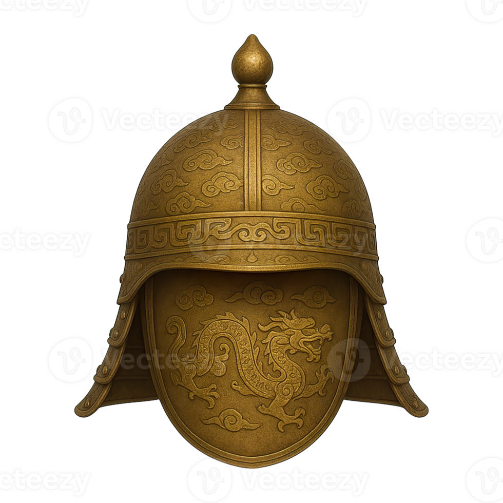 Front view of ancient golden dragon helmet isolated on transparent background, png