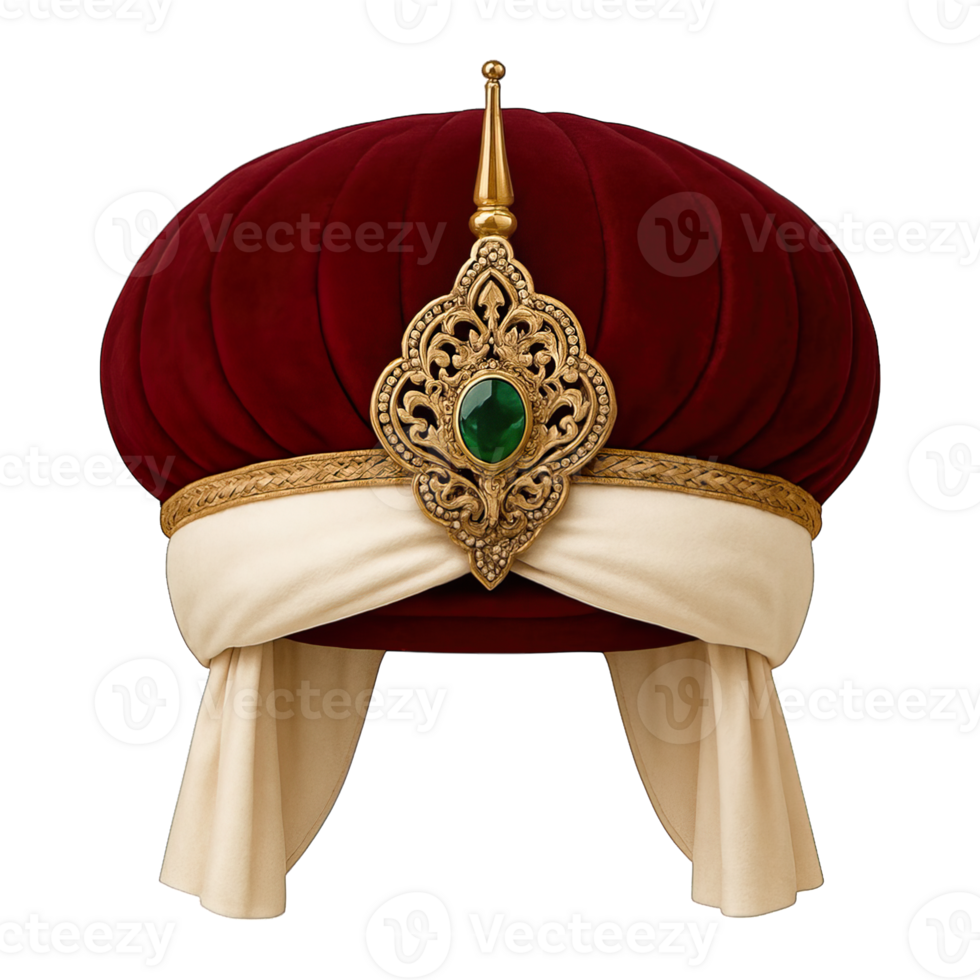 Royal red and gold turban with emerald jewel isolated on transparent background, png