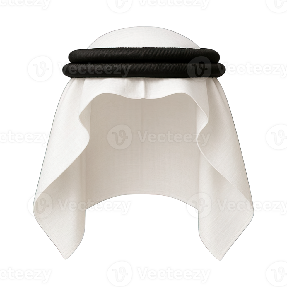 Traditional white keffiyeh with black agal isolated on transparent background, png
