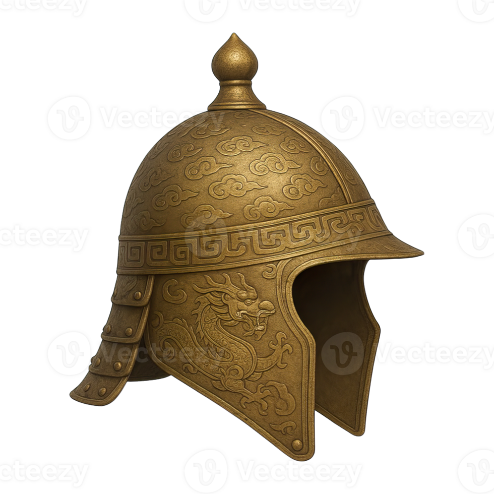 Ancient golden dragon helmet with engraved patterns isolated on transparent background, png