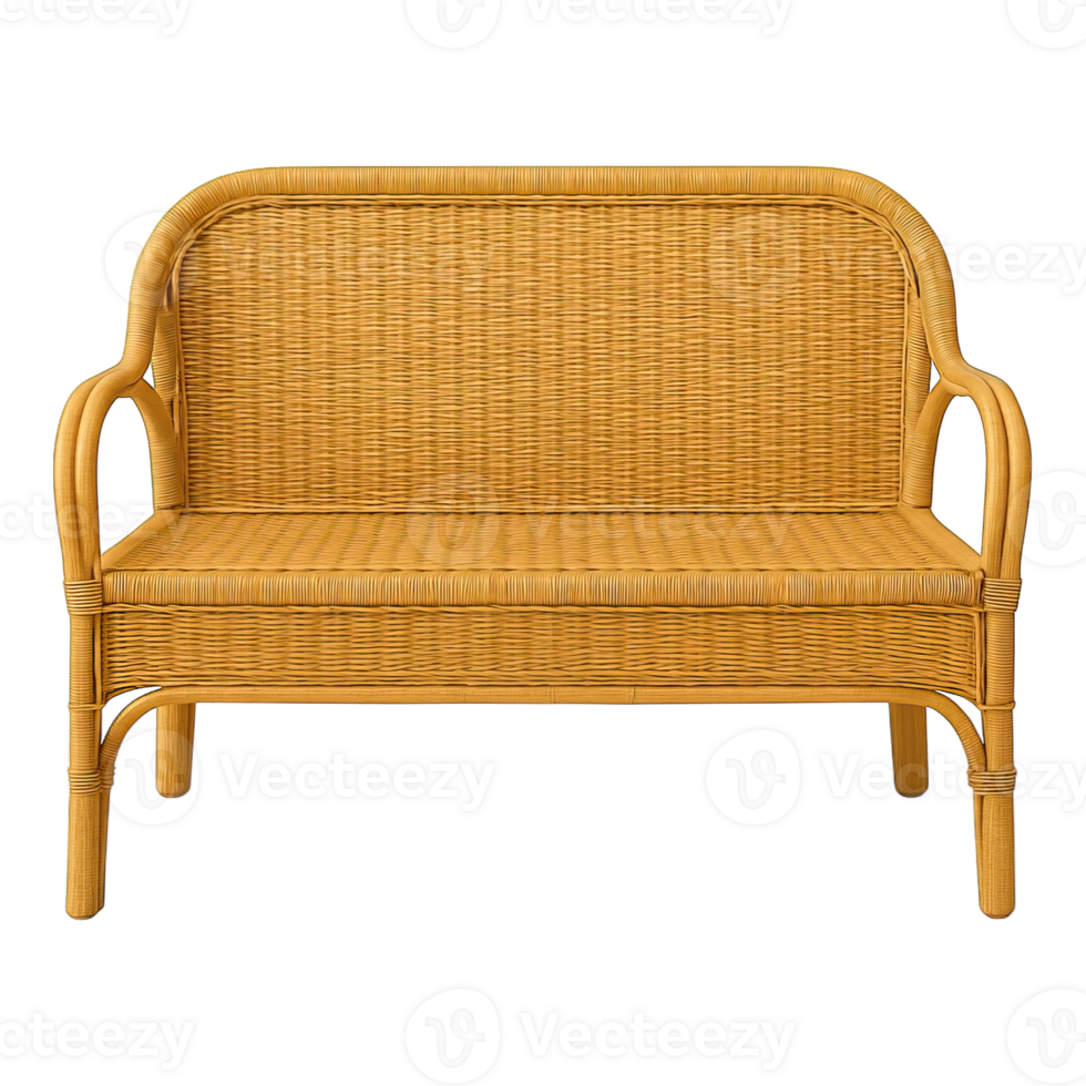 Front view of rattan bench with armrests isolated on transparent background, png